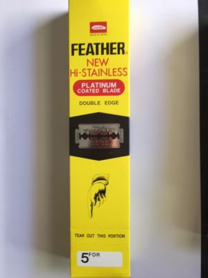 Unopened box of 100 Feather platinum-coated, double-edge razor blades.