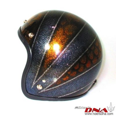Open face helmet wide straps and fish scale in background metal flake 