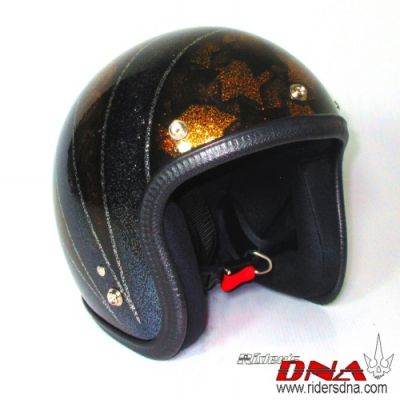 Open face helmet wide straps and fish scale in background metal flake 