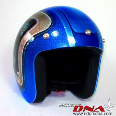 Open face airbrush helmet sea blue metal flake skull pattern on side