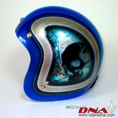 Open face airbrush helmet sea blue metal flake skull pattern on side