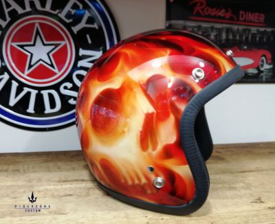 Skull flames open face gloss finished free hand painted chopper helmet