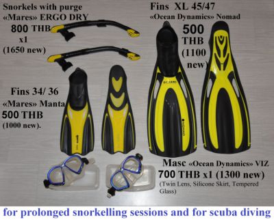 Scuba Snorkeling. MASC, SNORKEL tube + purge, FINS 34 35 36, 45 46 47