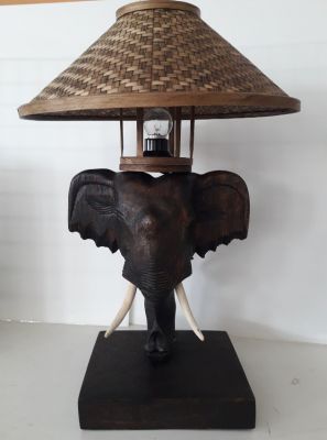 Unique Wood Table Lamp Hand Carving Of Elephant Weaved Lamp Shade....