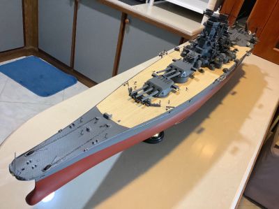130 cm model of Japanese battleship Yamato with custom display case.