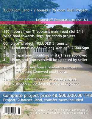 Pattaya 2.000 sqm land, 75 Rooms Project, 2 Houses