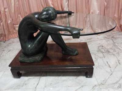 CAST METAL STATUE OF ASIAN GIRL BEARING GLASS TABLE