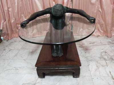 CAST METAL STATUE OF ASIAN GIRL BEARING GLASS TABLE