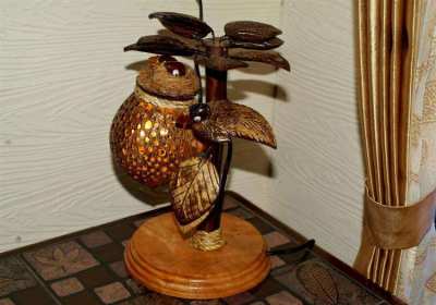 Unique Hand Made Coconut Wood Table Lamp Thai Craft. 