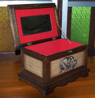 Thai Hand Craft Wood Box & Mirror Weaved Bamboo Panels.