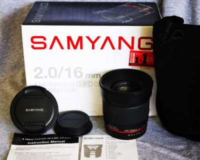 Samyang for Canon EOS 16mm f2 F2.0 ED AS  Ultra Wide Angle Lens in Box