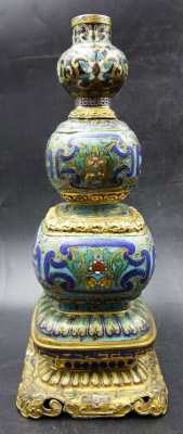 Chinese Cloisonne & Ormolu Bronze Double Gourd Candle Holder Vases