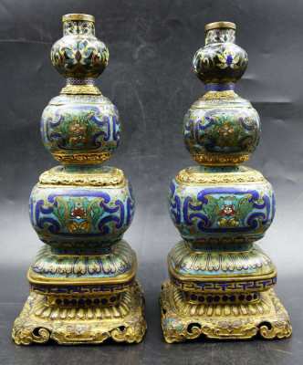 Chinese Cloisonne & Ormolu Bronze Double Gourd Candle Holder Vases