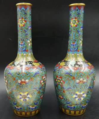 Chinese Superb Lotus Vases Cloisonne Enamel & Gilt Ormolu Bronze