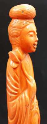 Chinese Quan Yin Deity Large Hand Carved Red Coral Sculpture