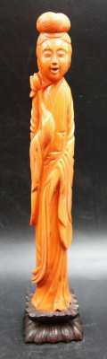 Chinese Quan Yin Deity Large Hand Carved Red Coral Sculpture