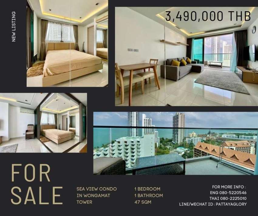 Sea view condo for sale in Wongamat Tower 3,490,000 THB 