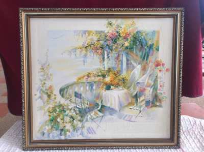 Beautiful Painting balcony  with gold colored frame, handpainted,