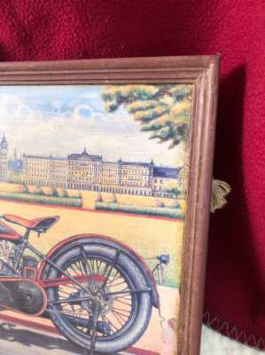 Beautiful and old  H.D. Painting with wood frame, handpainted, Harley 