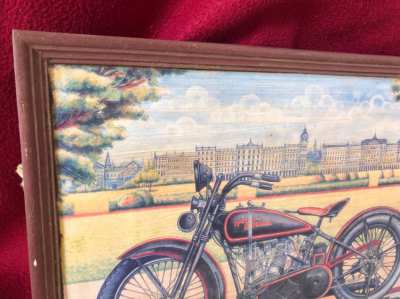 Beautiful and old  H.D. Painting with wood frame, handpainted, Harley 