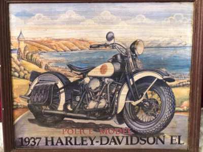 old  H.D. Painting with wood frame, handpainted, Harley Davidson 