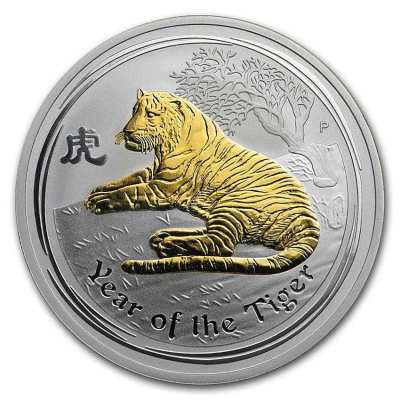 LUNAR SILVER COIN SERIES II 2010 YEAR OF THE TIGER GILDED EDITION