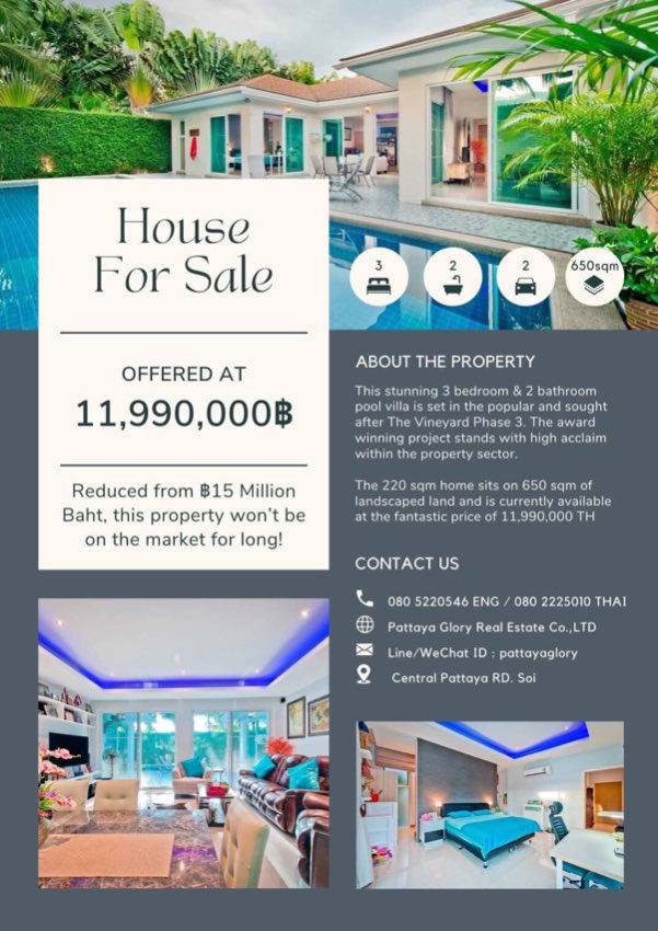 3 Beds Pool Villa For Sale @ 11,99 Million Baht Only! 