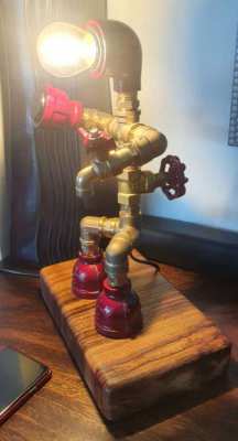 CUSTOM BRASS/CHERRY RED PIPEART ROBOT LAMPS 