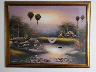 Framed pictures of Thai scenes. Set of 5. 