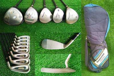 Full set of Bridgestone golf clubs in bag