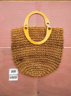 Pair of Straw Bags with Wood/Bamboo Handles