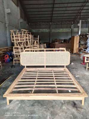 Rattan bed head teak wood frame size 6 feet 
