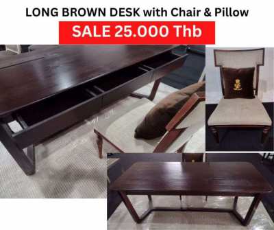 Brown Wood Desk with Chair and Pillow