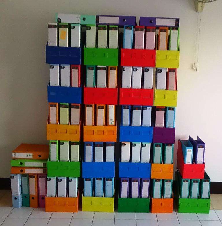 66 A4 box files + shelves. Good for school, university, library, biz