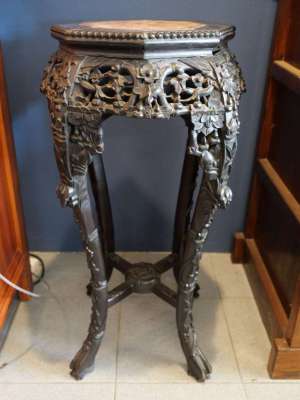 Antique Chinese carved Rosewood & marble plant stand