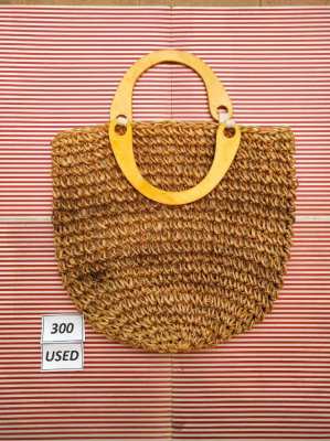 Great Pair of Straw Bags with Wood/Bamboo Handles