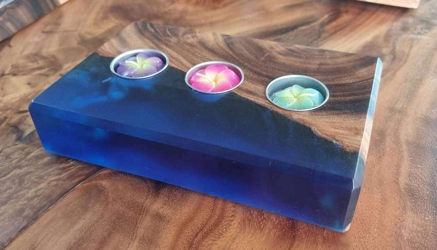 new solid acacia hardwood tea light holder with blue resin