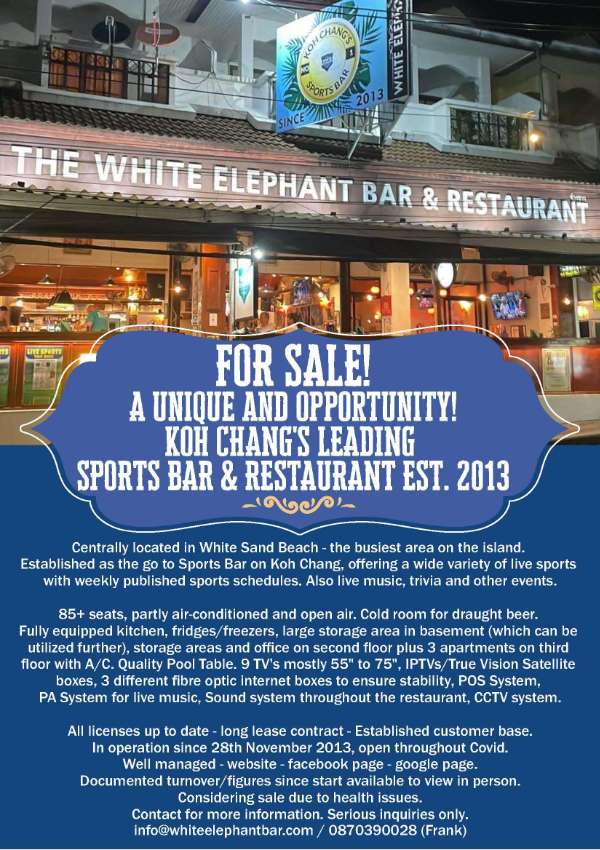 FOR SALE! Koh Chang's leading Sports Bar & Restaurant est. 2013.