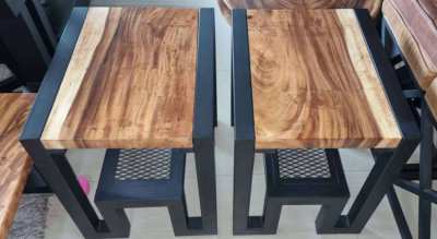 NEW INDUSTRIAL IRON AND ACACIA HARDWOOD SIDE TABLES