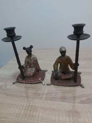 Lovely pair of chinese cold painted bronze candle holders